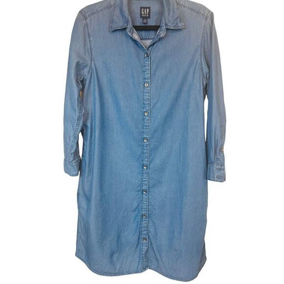 Gap Medium Denim Button-Up Dress Long Sleeve Viscose Blue - Picture 1 of 11